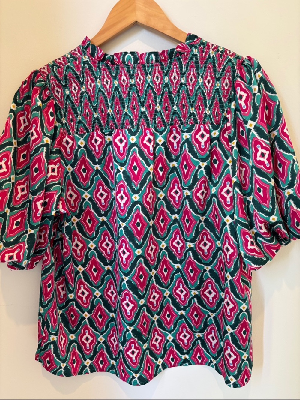THML Teal and Hot Pink Printed Ruffle-Neck Puff Sleeve Blouse - Picture 14 of 16